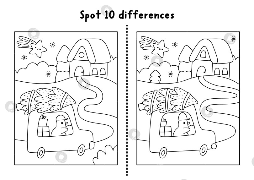 Скачать Рождественская игра "найди отличия". Черно-белое развлечение на зимнем празднике с птицей, которая ночью везет елку домой. Лист для печати, головоломка, раскраска для детей с новогодним персонажем. фотосток Ozero