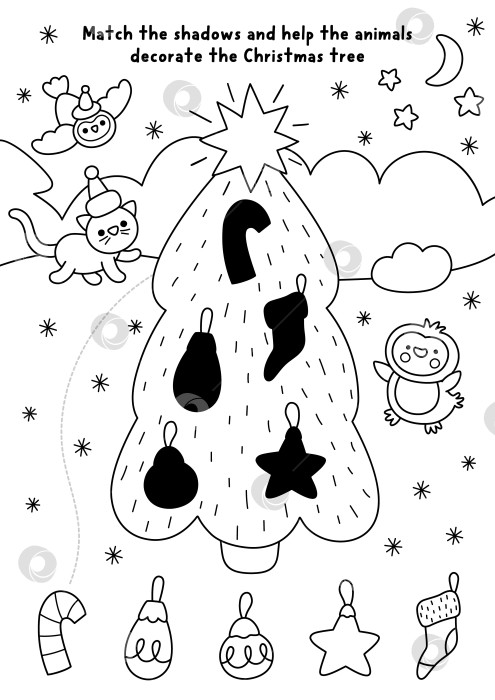 Скачать Задание по подбору черно-белых теней в рождественской деревне. Пазл "Линии зимних праздников", раскраска. Рабочий лист для печати "Найди правильный силуэт на Новый год", игра с животными, украшающими елку. фотосток Ozero