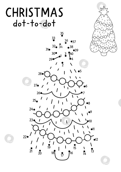 Скачать Рождественская векторная игра от точки к точке и раскрашивание с милой украшенной елкой. Черно-белая новогодняя игра "Соедини точки" для детей с символом праздника. Рабочий лист для печати "Зимняя линия" фотосток Ozero