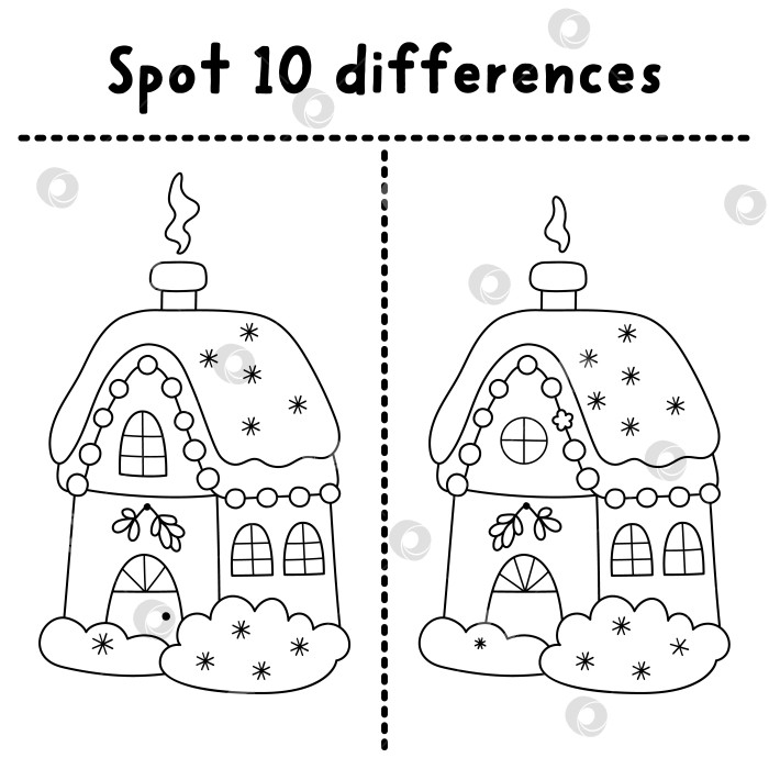 Скачать Рождественская онлайн-игра "найди отличия" для детей. Черно-белое развлечение для зимних каникул в домике Санта-Клауса. Лист для печати, раскраска, головоломка для детей с забавным новогодним домиком фотосток Ozero