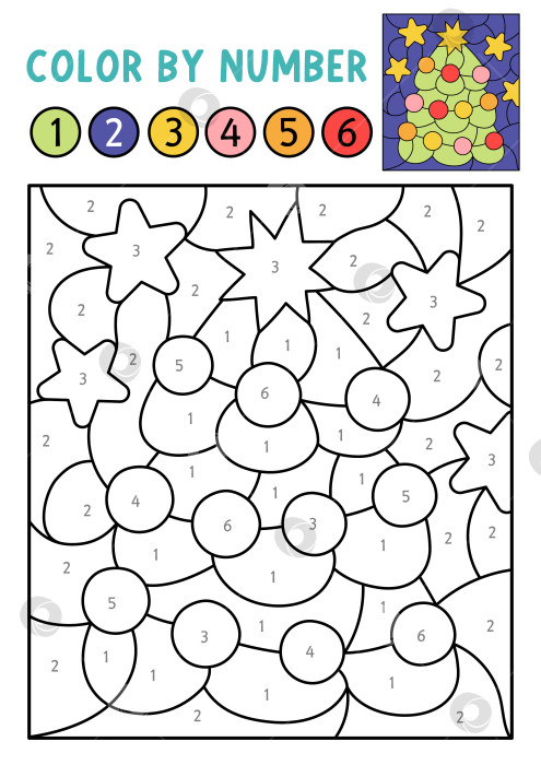Скачать Векторная рождественская раскраска по номерам с украшенной елкой. Зимний черно-белый подсчет, игра. Новогодняя раскраска для детей. Рабочий лист для печати в линию с символом праздника фотосток Ozero