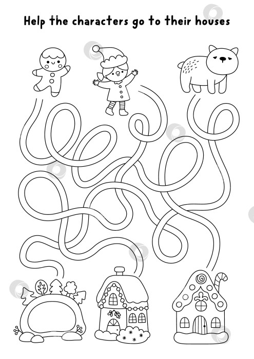 Скачать Черно-белый лабиринт для детей в рождественской деревне с мишкой, пряничным человечком-эльфом и домиками. Игра-лабиринт в линейку, раскраска с домиками. Задание для печати на тему зимних праздников, рабочий лист фотосток Ozero