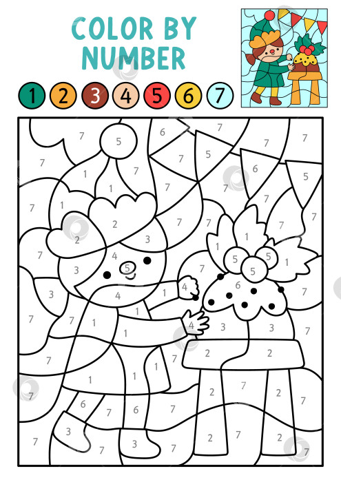 Скачать Векторная рождественская раскраска по номерам с эльфийским приготовлением пудинга. Зимний черно-белый подсчет, игра-раскраска. Новогодняя раскраска для детей. Рабочий лист для печати в линию с символом праздника фотосток Ozero