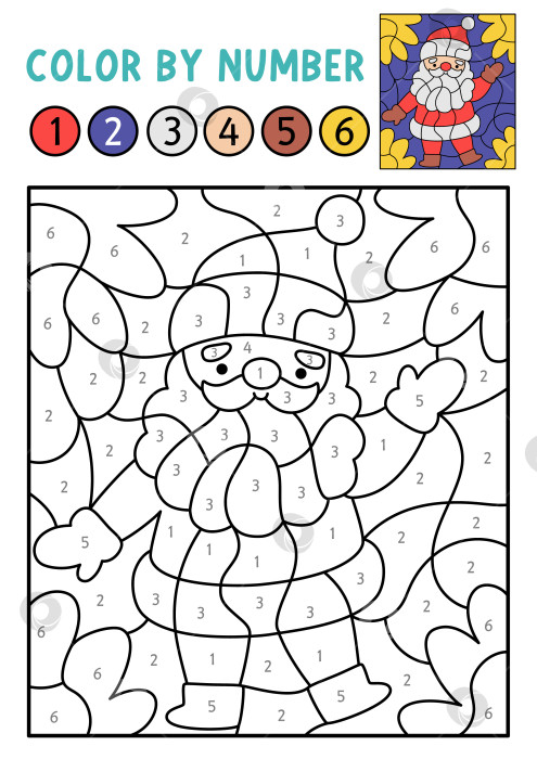 Скачать Векторное рождественское раскрашивание по номерам с Санта Клаусом. Зимний черно-белый подсчет, игра в раскраску. Новогодняя раскраска для детей. Рабочий лист для печати в линию с символом праздника фотосток Ozero