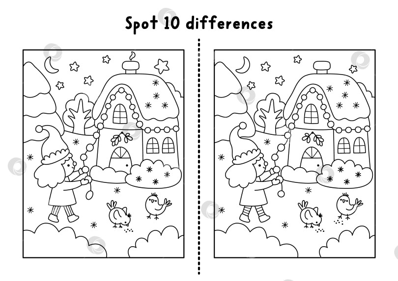 Скачать Рождественская игра "найди отличия". Новогоднее черно-белое развлечение с эльфом, украшающим дом гирляндами. Рабочий лист для печати, раскраска для детей с новогодним персонажем. фотосток Ozero