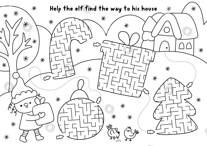 Скачать Рождественский черно-белый лабиринт для детей, геометрическая конфетная трость, елка, подарок, мяч. Новогоднее задание для печати. Игра-лабиринт для зимних праздников, головоломка, раскраска. Помогите эльфу найти дорогу к дому фотосток Ozero