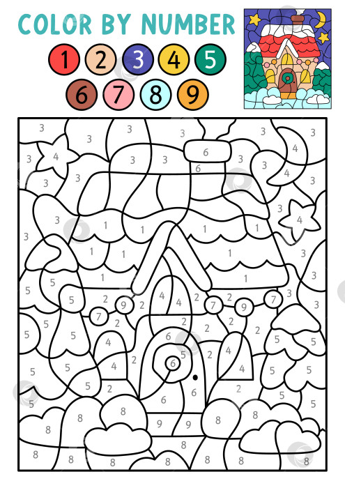 Скачать Векторная рождественская раскраска по номерам в доме Санта-Клауса. Зимний черно-белый подсчет, игра в раскраску. Новогодняя раскраска для детей. Рабочий лист для печати в линию с символом праздника фотосток Ozero