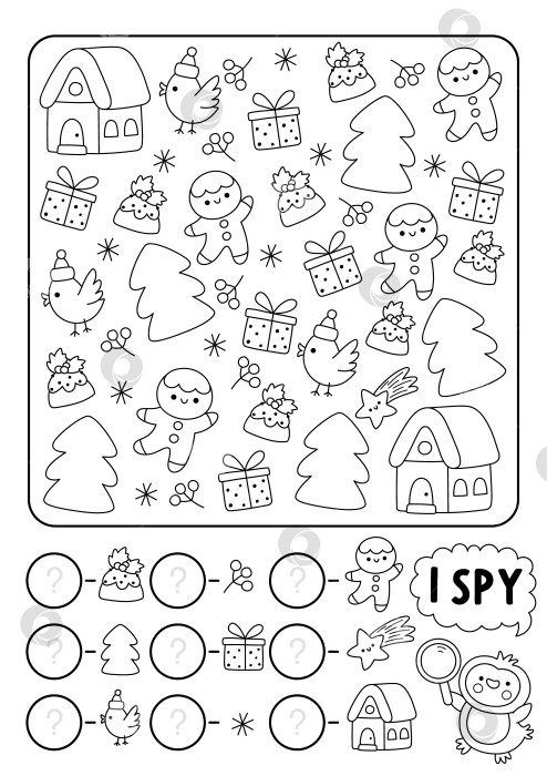 Скачать Черно-белая рождественская игра для детей "Я слежу за рождеством". Игра для поиска и счета с пряничным человечком, птичкой, елкой. Рабочий лист для печати "Новогодняя линейка", раскраска для детей. Пазл для зимних праздников фотосток Ozero