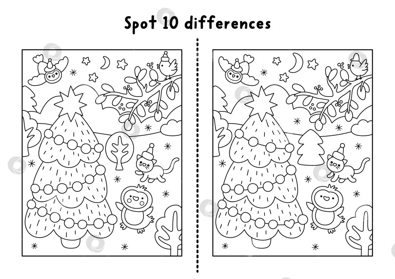 Скачать Рождественская игра "найди отличия". Новогоднее черно-белое развлечение с животными, елкой, снежной ночью. Рабочий лист для печати, раскраска для детей с новогодним персонажем. фотосток Ozero