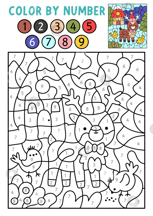 Скачать Векторная рождественская раскраска по номерам с оленями, птицами, снежной сценой. Зимняя черно-белая игра в счет. Новогодняя раскраска для детей. Рабочий лист для печати в линию фотосток Ozero