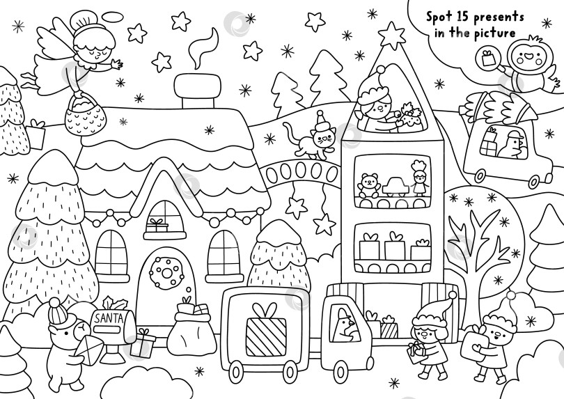 Скачать Векторная черно-белая поисковая игра с рождественским деревенским пейзажем. Новогодняя линейка "Ищи и находи занятие", раскраска для детей. Рабочий лист для зимних праздников с изображением дома Санта-Клауса, фабрики игрушек фотосток Ozero