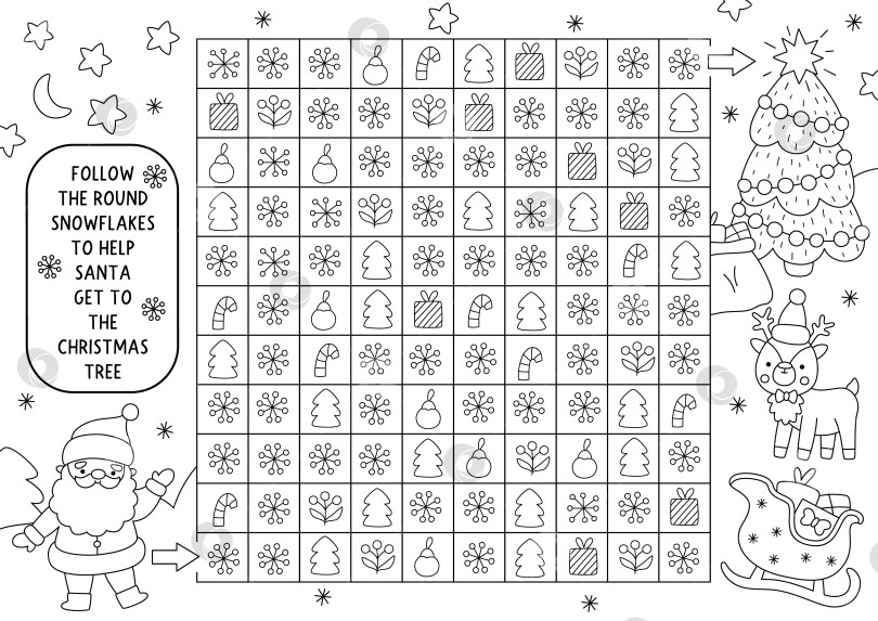 Скачать Рождественский черно-белый лабиринт, игра "ищи и находи" с зимним снежным пейзажем. Новогоднее задание для печати, головоломка с линиями, раскраска. Следуйте за снежинками, чтобы помочь Санте добраться до елки фотосток Ozero