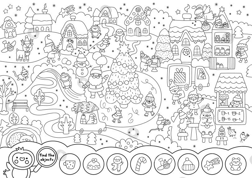 Скачать Векторная черно-белая поисковая игра с рождественским деревенским пейзажем. Новогодняя линейка "Ищи и находи занятие", раскраска для детей. Рабочий лист для зимних праздников с изображением елки, эльфа, животных, Санта-Клауса фотосток Ozero