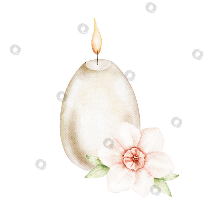 Скачать Акварельная иллюстрация свечи в форме яйца с мягким пламенем и нежным цветком у основания. Идеально подходит для открыток, упаковки, этикеток, плакатов, праздничного декора и креативного дизайна на весеннюю тематику. фотосток Ozero