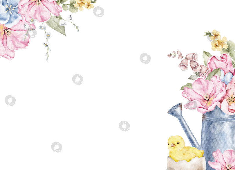 Скачать Акварельная угловая рамка с розовыми цветами, металлическим кувшином и маленьким желтым цыпленком. Подходит для открыток, приглашений, упаковки, этикеток, плакатов и дизайн-макетов на весеннюю или пасхальную тематику. фотосток Ozero
