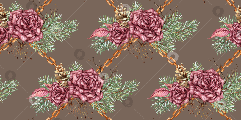 Скачать Розы, Сосновые сухоцветы, узор в виде цепочки, темно-серая акварель фотосток Ozero