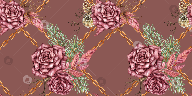 Скачать Розы сосновые цепочки шишки темно розовый узор акварелью фотосток Ozero