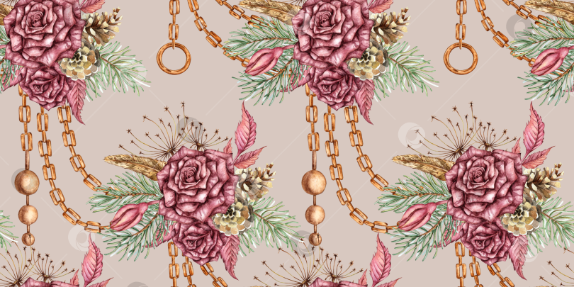Скачать Розы еловые подвески цепочки в стиле стимпанк с рисунком теплой обнаженной акварели фотосток Ozero