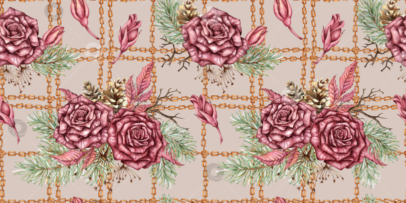 Скачать Розы еловые шишки цепочки с рисунком в стиле стимпанк теплая акварель телесного цвета фотосток Ozero