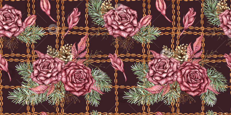 Скачать Розы Еловые шишки Цепочки с рисунком в стиле стимпанк Темно-бордовая акварель фотосток Ozero