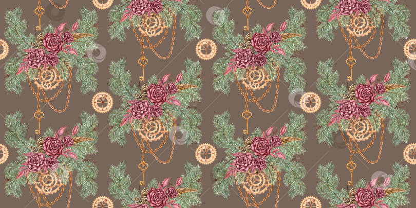 Скачать Розы Сосновая шестерня с рисунком в стиле стимпанк Темно-серая акварель фотосток Ozero