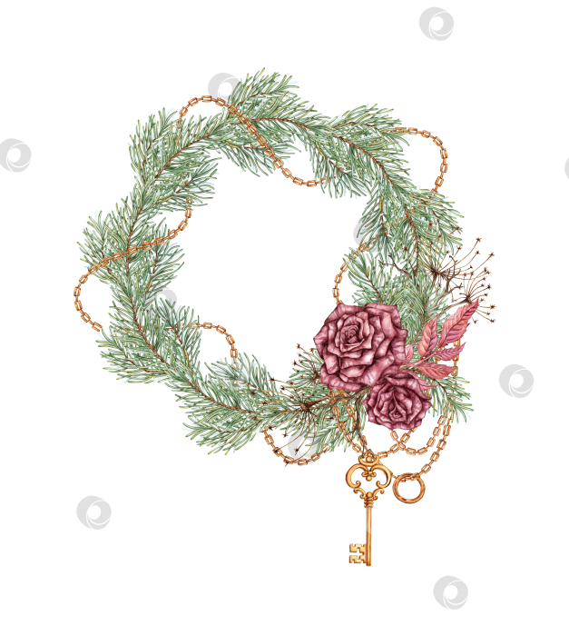 Скачать Венок из роз, сосновых цепочек, ключей в стиле стимпанк акварелью фотосток Ozero