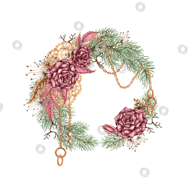 Скачать Венок из роз сосновые шестеренки подвески цепочки стимпанк акварель фотосток Ozero