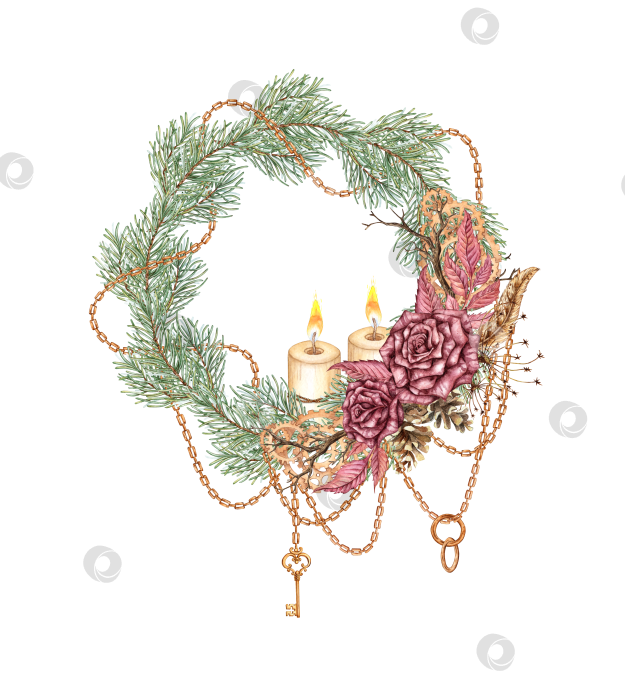Скачать Венок, розы, сосновые свечи, шестеренки, акварель в стиле стимпанк фотосток Ozero
