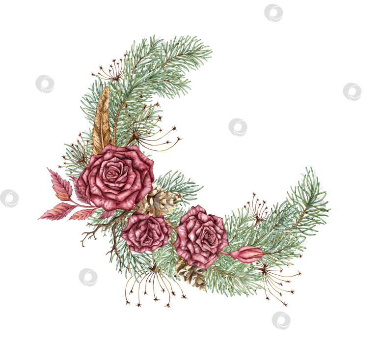 Скачать Венок из роз, сосновых перьев, акварель в стиле стимпанк фотосток Ozero