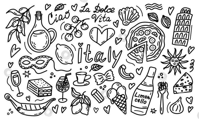 Скачать Нарисованный вручную набор каракулей для путешествий по Италии с культовыми символами фотосток Ozero