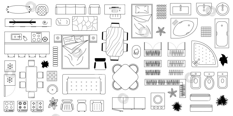 Скачать Иконы минималистского интерьера с современными предметами домашнего обихода. Схема мебели, вид сверху. хам фотосток Ozero