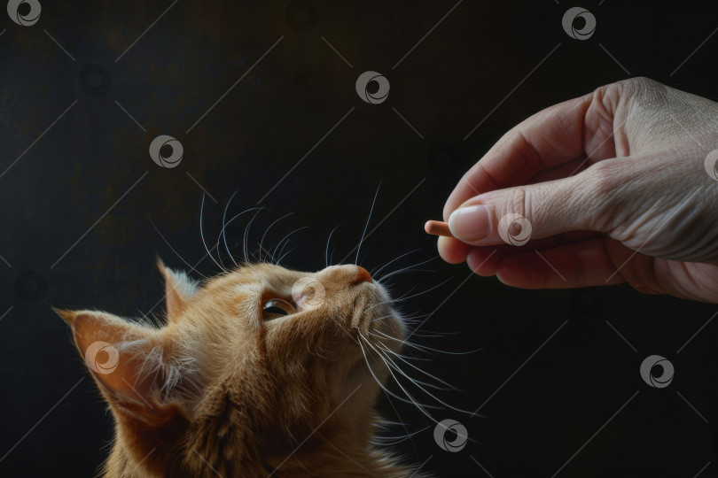 Скачать Кошка нюхает руку, в которой держит маленькую таблетку. Лечение и болезни домашних животных. Генеративный искусственный интеллект фотосток Ozero