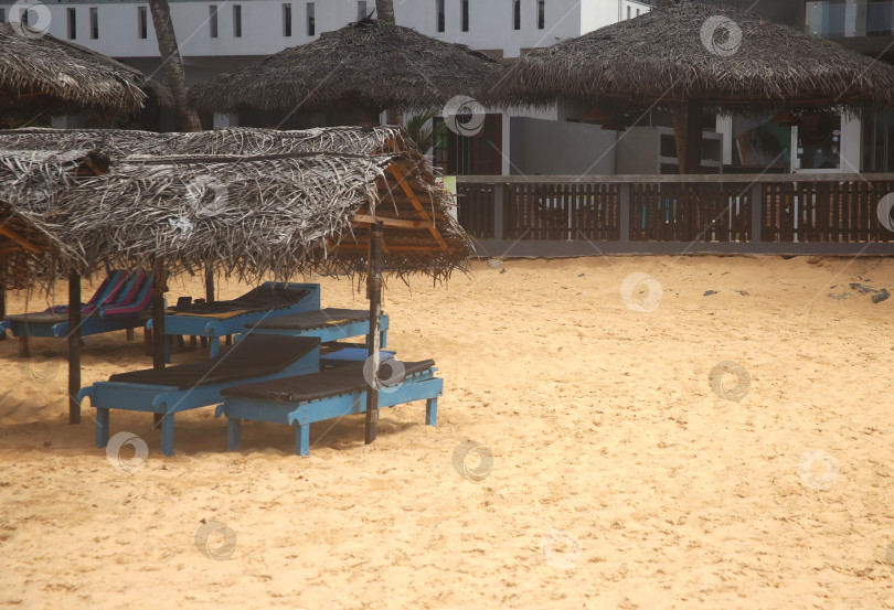 Скачать Пейзаж с лежаками, пляжем и пальмами на курорте фотосток Ozero