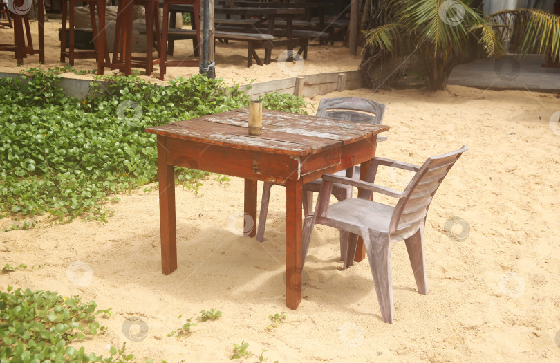 Скачать Пальмы, столик в кафе и пляж на курорте фотосток Ozero