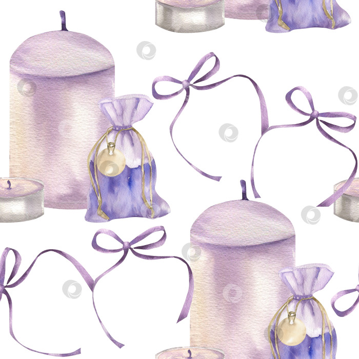 Скачать Ароматическая фиолетовая свеча, лавандовое саше и фиолетовый шелковый бант с акварельным бесшовным рисунком. Нарисованный от руки женский фон для спа и медитации для текстиля, упаковки, дизайна обоев фотосток Ozero