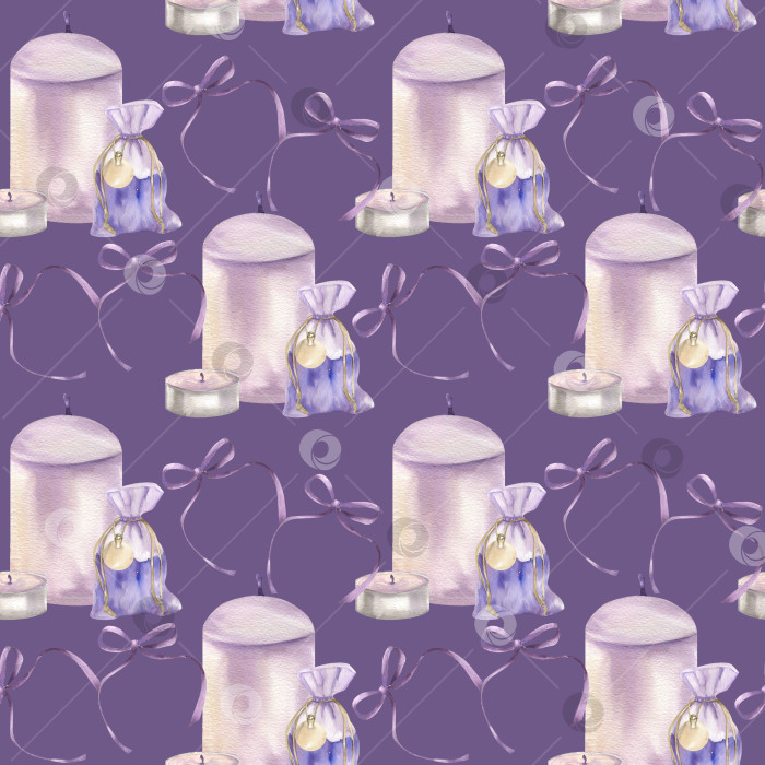 Скачать Фиолетовые пастельные свечи и саше из сухих цветов лаванды с фиолетовыми бантиками, акварельный бесшовный узор. Нарисованный от руки фон для медитации, ухода за телом и кожей для упаковки косметики, текстиля, дизайна тканей. фотосток Ozero