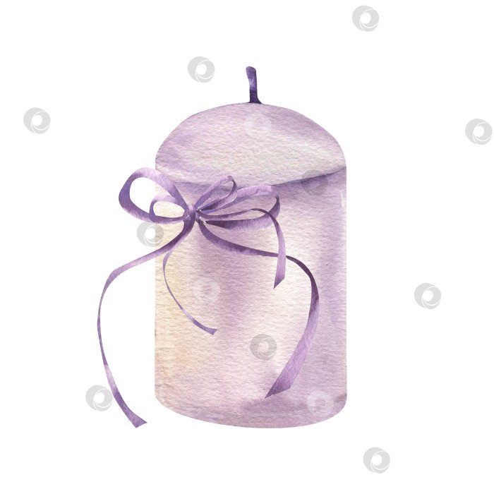 Скачать Пастельно-фиолетовая свеча с фиолетовым шелковым бантом, украшенная акварельной иллюстрацией. Ароматическая восковая свеча для медитации, нарисованная вручную, с девичьим бантом, для оформления плакатов, открыток, приглашений. фотосток Ozero