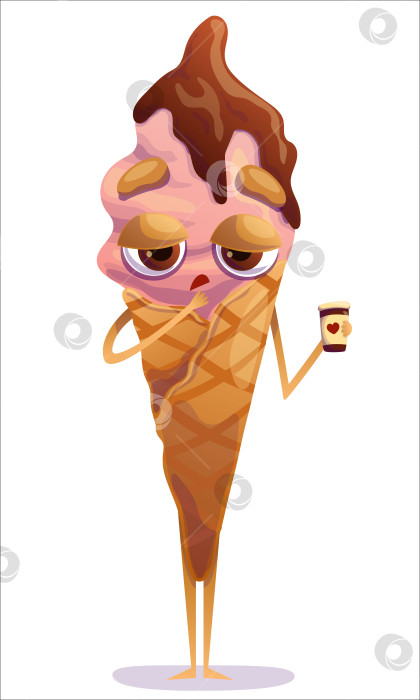 Скачать Милый, красочный рожок мороженого с сонным человечком, держащим чашку кофе. Мороженое, рожок, конфета, персонаж, кофе, сон. Изолированный персонаж фотосток Ozero