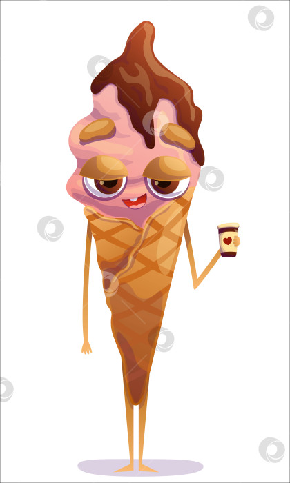 Скачать Милый, красочный рожок мороженого с кофе в руке. Мороженое, рожок, сладость, характер, кофе, удовлетворение, спокойствие. Изолированный персонаж фотосток Ozero