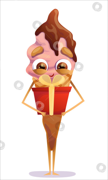 Скачать Милый, красочный рожок для мороженого с подарком. Мороженое, рожок, сладость, персонаж, подарок, радость, праздник, милый. Изолированный персонаж фотосток Ozero