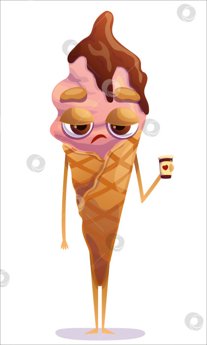 Скачать Недовольный, в разноцветном рожке мороженого, с кофе в руке. Мороженое, рожок, сладость, характер, эмоции, неудовлетворенность. Изолированный персонаж фотосток Ozero