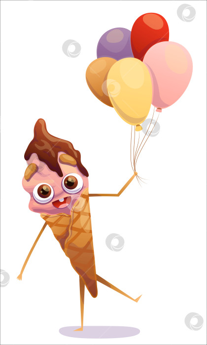 Скачать Веселый, красочный рожок для мороженого с шариками в руке. Мороженое, рожок, сладости, радость, веселье, персонаж, воздушные шары, праздник. Изолированный персонаж фотосток Ozero