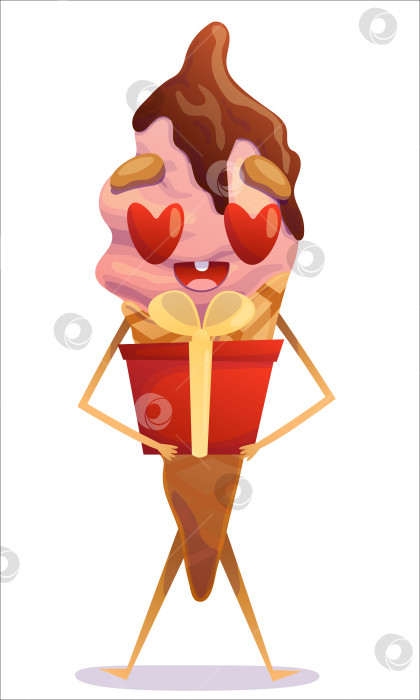 Скачать Очаровательно раскрашенный рожок мороженого с подарком в руке. Мороженое, рожок, сладость, веселье, персонаж, подарок, сердце, влюбленный. Изолированный персонаж фотосток Ozero