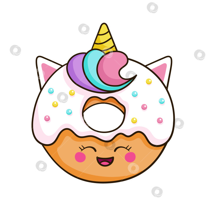 Скачать Восхитительный пончик в форме кавайного единорога с белой глазурью и разноцветной декоративной посыпкой. Очаровательный персонаж из каракулей фотосток Ozero