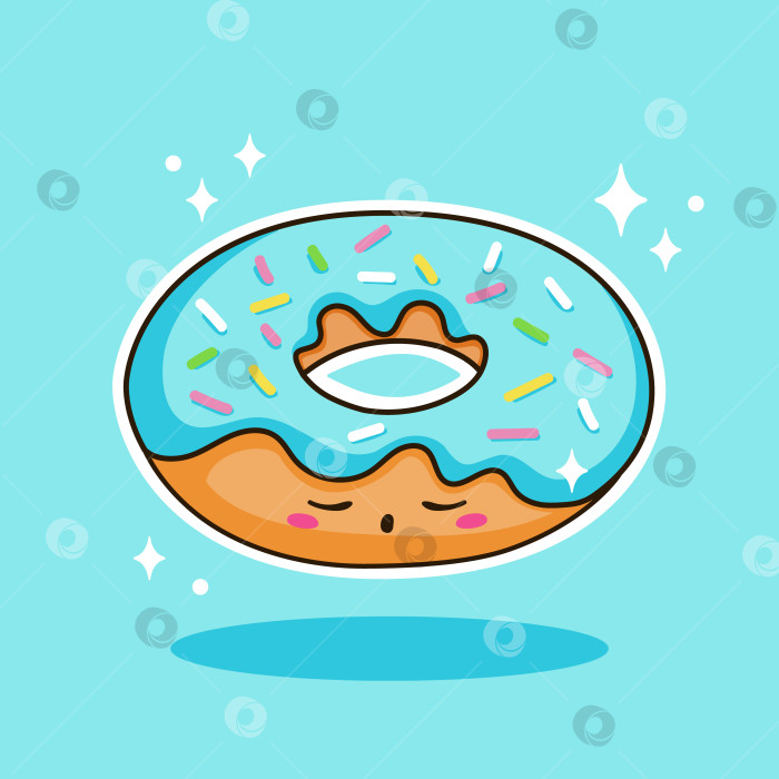 Скачать Милый кавайный пончик, восхитительная еда, рисующий спящий круглый пончик на красочном фоне с блестками, свечением. фотосток Ozero