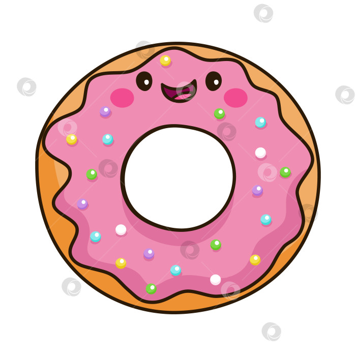 Скачать Сладкий кавайный пончик с розовой глазурью и разноцветной посыпкой. Очаровательный персонаж и сладкое блюдо. фотосток Ozero