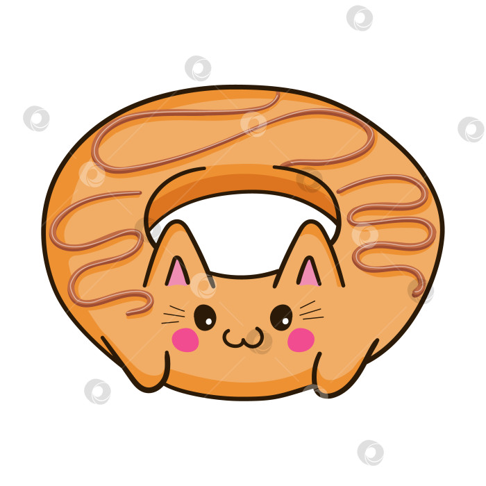 Скачать Милый, очаровательный сладкий пончик в виде кошки с шоколадным декором. Кавайный персонаж-каракули, изолированный клипарт на белом фоне фотосток Ozero