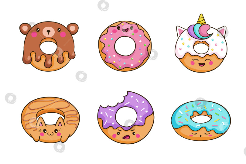 Скачать Набор пончиков с глазурью. Очаровательные кавайные персонажи, сладкая еда. Милая детская иллюстрация фотосток Ozero