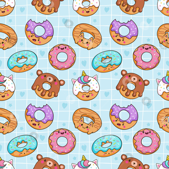 Скачать Бесшовный узор с забавными пончиками в глазури на синем фоне с клетчатыми линиями и сердечками. Кавайные персонажи, милая детская иллюстрация фотосток Ozero