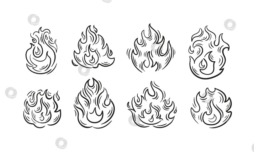 Скачать Динамичный набор flames в стиле эскиза с плавными линиями и острыми конусами пламени, выполненный в минималистском векторном стиле, создает яркий, энергичный акцент. фотосток Ozero
